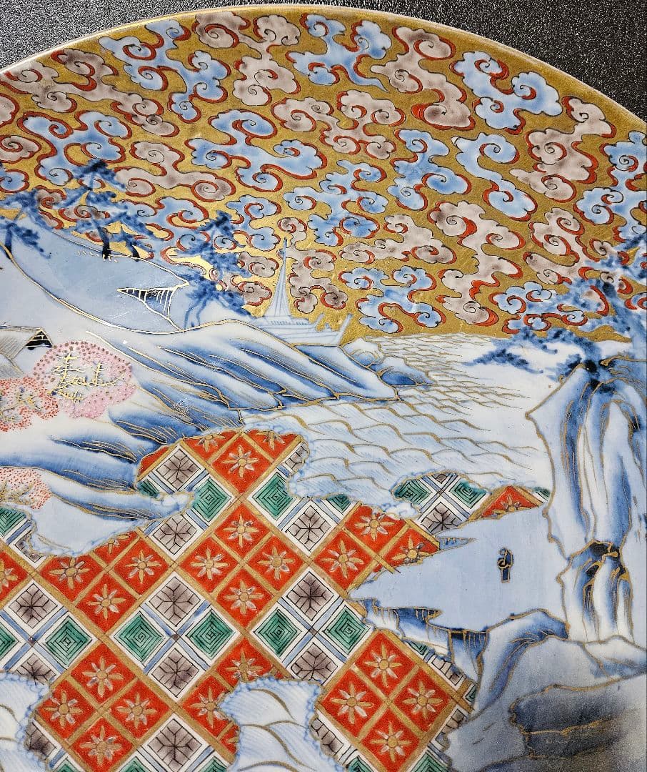 【名品❗】江戸末期～明治初期　古伊万里　金襴染錦　桜に雲錦大波市松文　最上作大皿