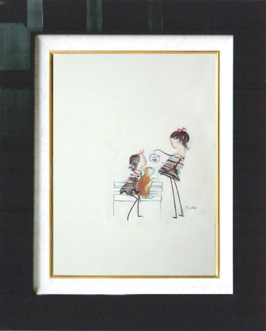 油絵 菅家令子 絵 絵画インテリア 額付(黒) F4-030219 子猫犬女の子