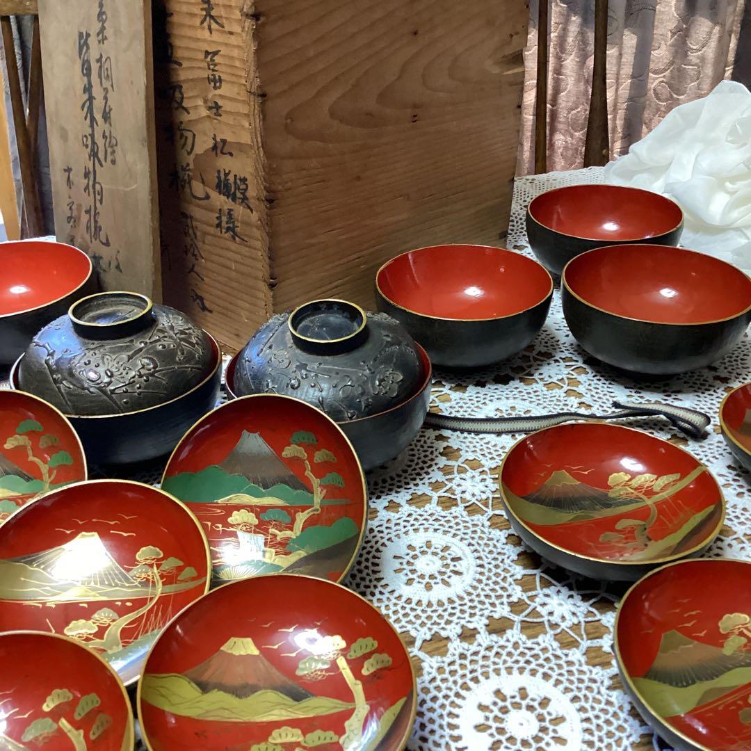 k2f2 銘々蓋吸物椀10客　②漆器 富士山デザイン