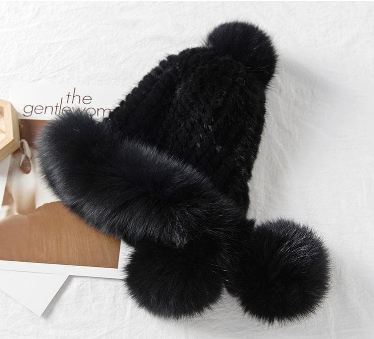 新品限定◆フォックスとミンク編みこみ帽子 ◆ポンポン付き/黒◆毛皮ファー