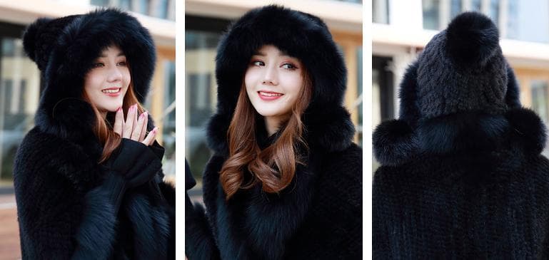 新品限定◆フォックスとミンク編みこみ帽子 ◆ポンポン付き/黒◆毛皮ファー