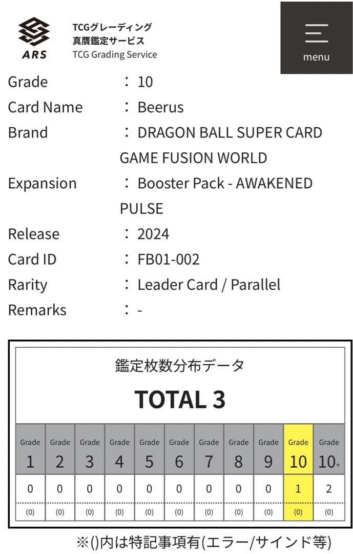 世界1枚 ARS10 ビルス リーダーカード パラレル ドラゴンボールPSA10