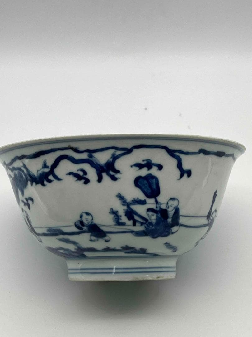 清康煕時代　染付 青花人物子供遊び図碗　青花茶碗　旧家コレクション(B-81)