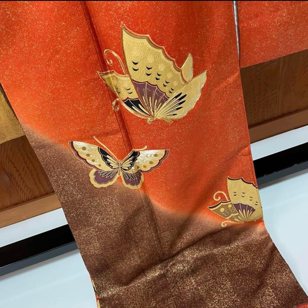 振袖 超 トールサイズ 金駒刺繍 箔 金彩 蝶の舞 望月 正絹 裄71 v015