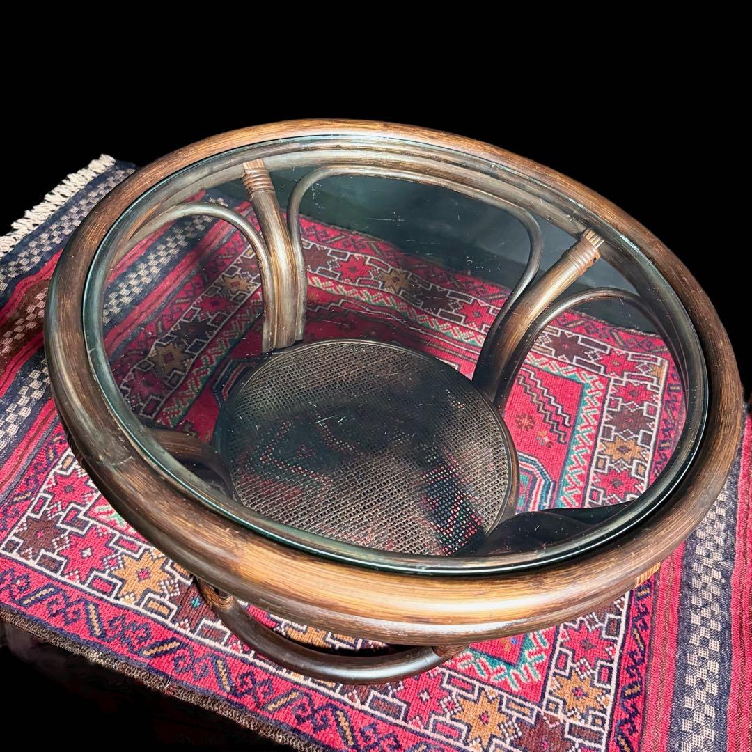 HR779 ラタン　籐　ガラストップテーブル