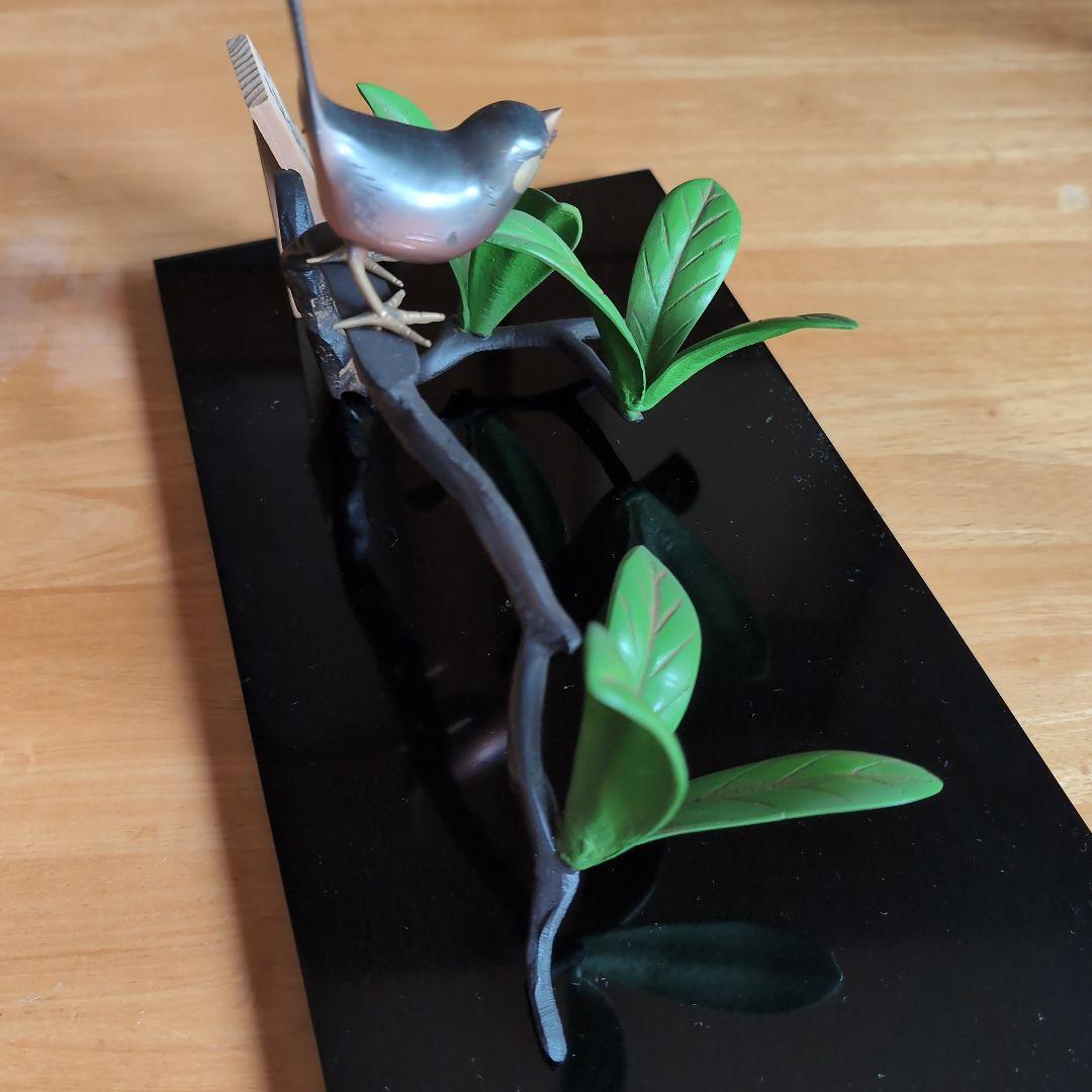 希少 高岡銅器 石楠花(しゃくなげ)に文鳥 置物 ガラスケース入り