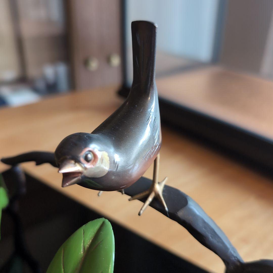 希少 高岡銅器 石楠花(しゃくなげ)に文鳥 置物 ガラスケース入り