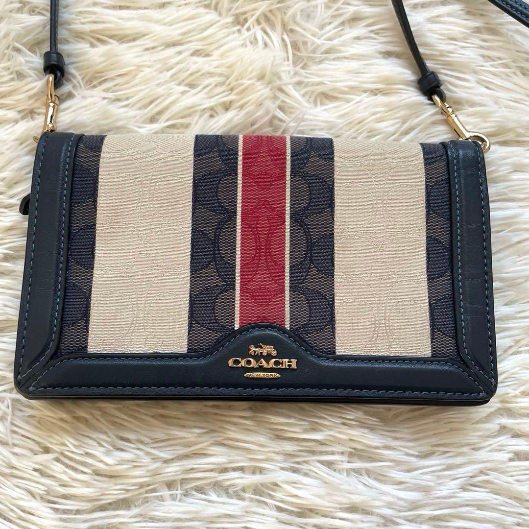 COACH 2way シグネチャ 金ロゴ ネイビー お財布 ショルダーバッグ