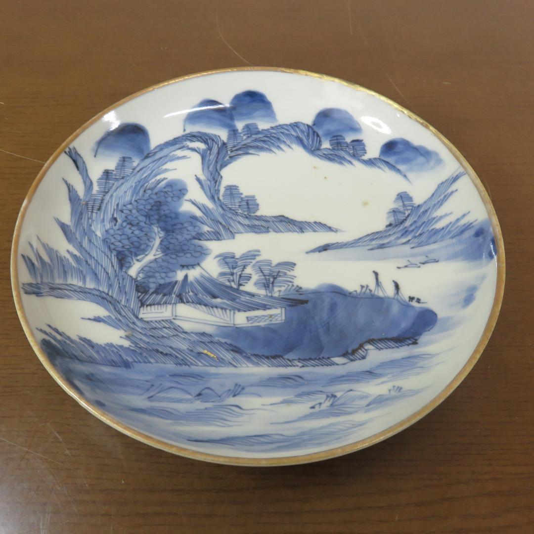 山水 海 染付 5枚組 箱入り 窯傷 歪み 中皿