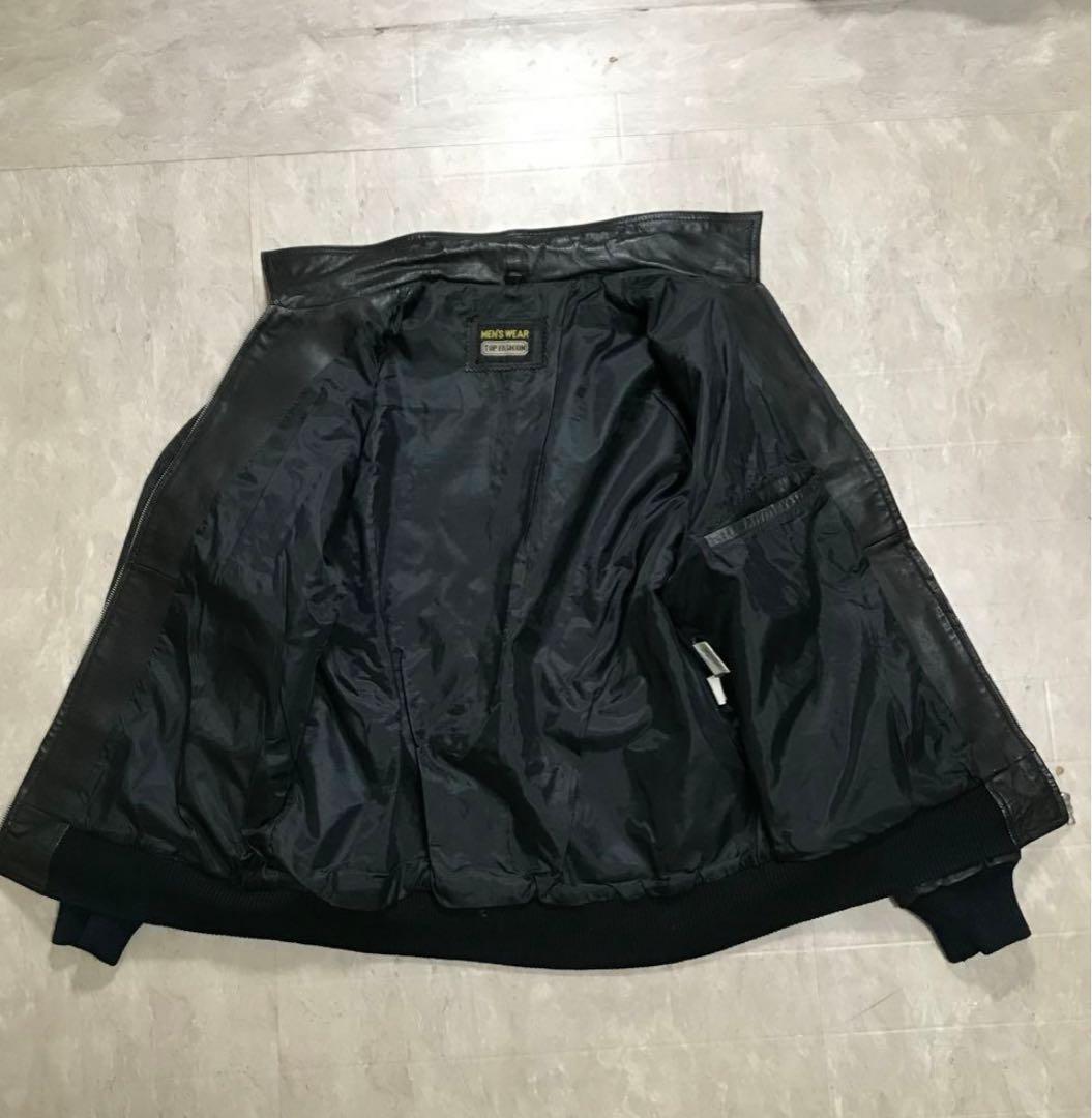 80s レザーボンバージャケット　本革　短丈　ブラック　黒　ノームコア　無地　春