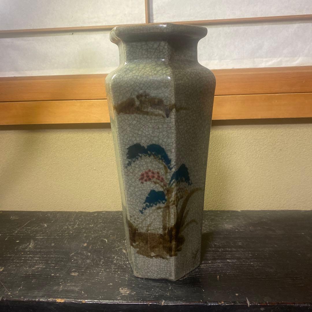 中国古玩　青磁ヒビ焼面取り花瓶【中】