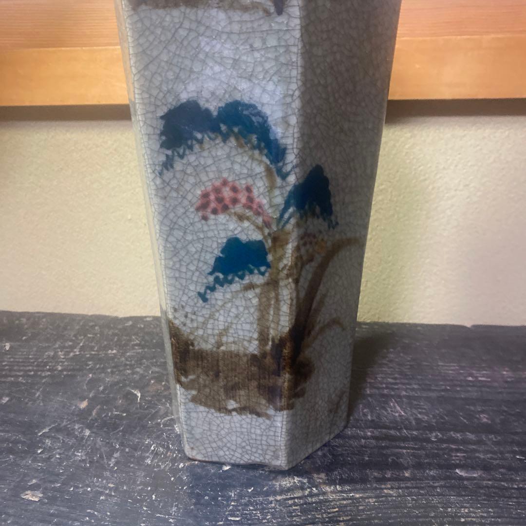 中国古玩　青磁ヒビ焼面取り花瓶【中】