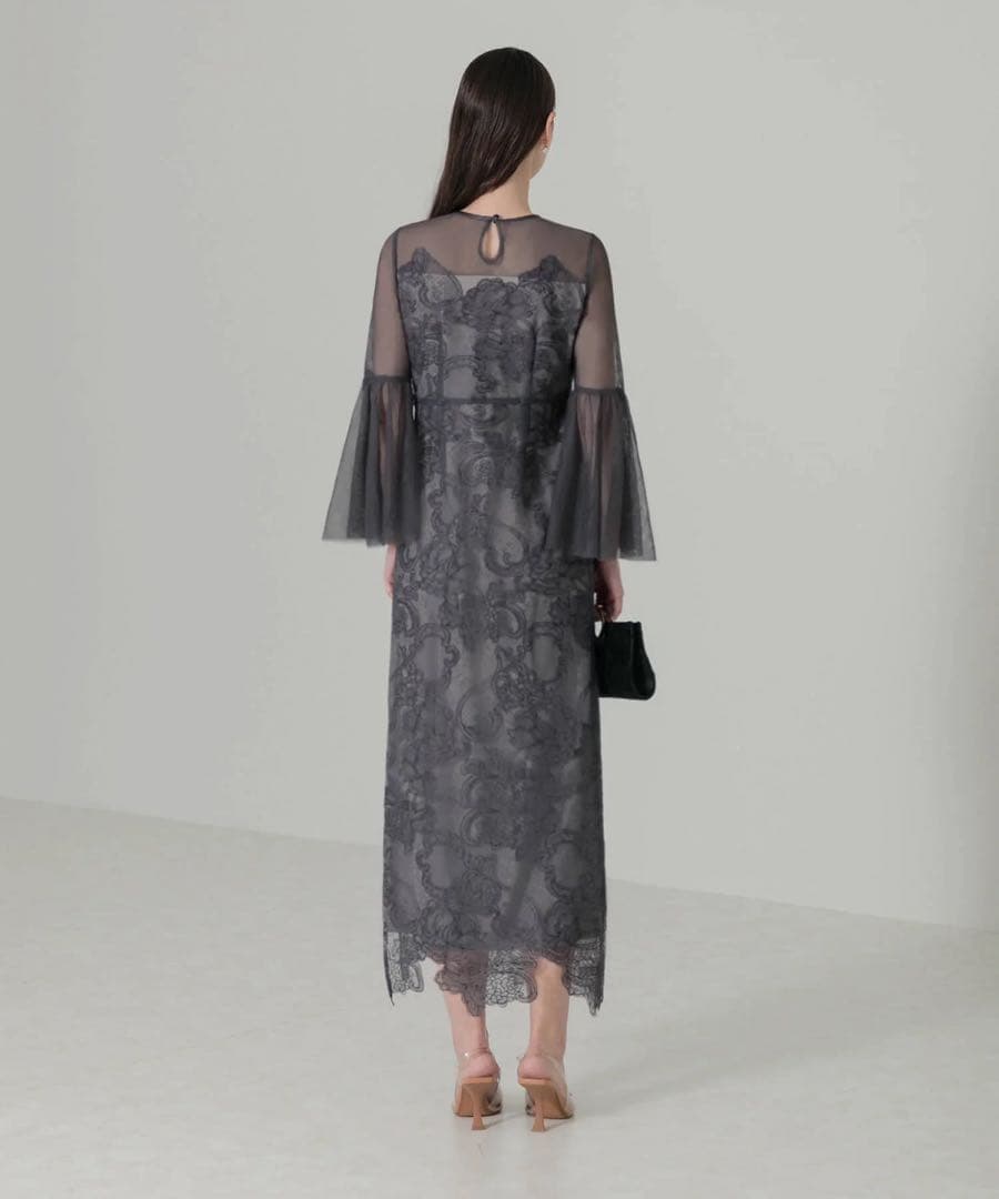 Leja シアープリーツスリーブIラインワンピースドレス グレー レーススリット