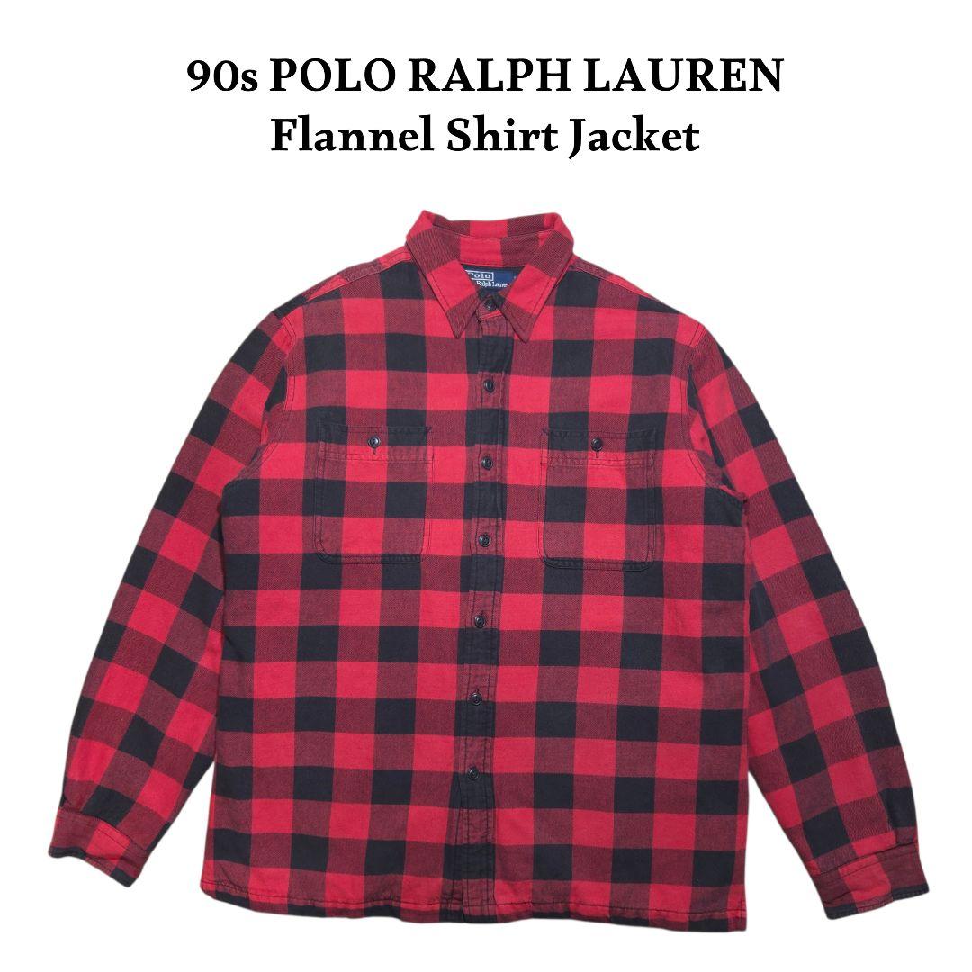 90s ポロラルフローレン 内キルティング ネルシャツ ジャケット 赤黒チェック