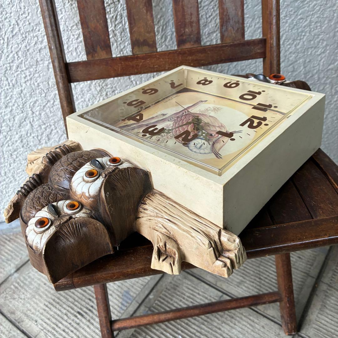 レアBIG！60s〜70s フクロウ親子の壁掛け時計　梟アメリカアンティーク雑貨