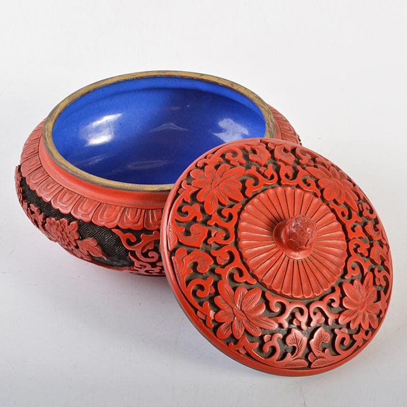 中国　剔紅　堆朱　堆黒　内七宝　花文　蓋物　M　R6751