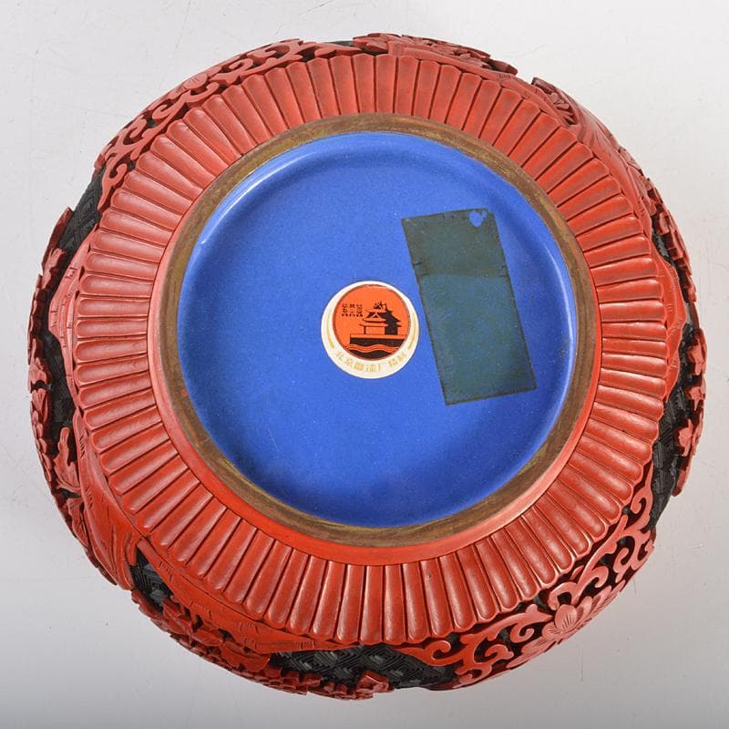 中国　剔紅　堆朱　堆黒　内七宝　花文　蓋物　M　R6751