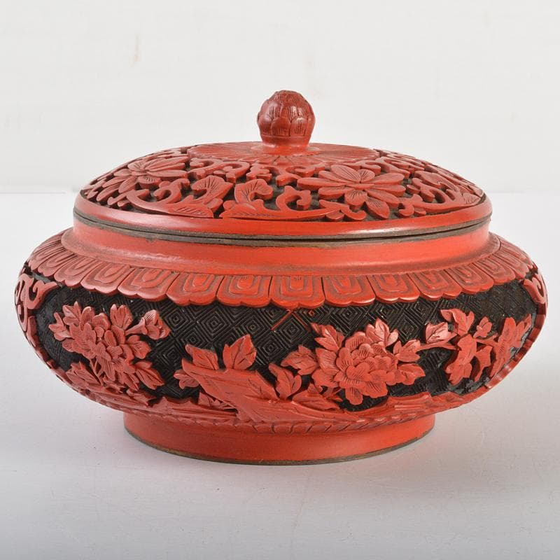 中国　剔紅　堆朱　堆黒　内七宝　花文　蓋物　M　R6751