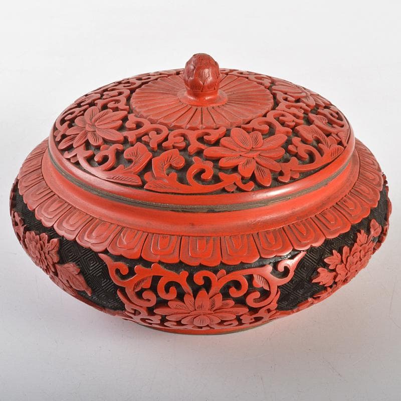 中国　剔紅　堆朱　堆黒　内七宝　花文　蓋物　M　R6751