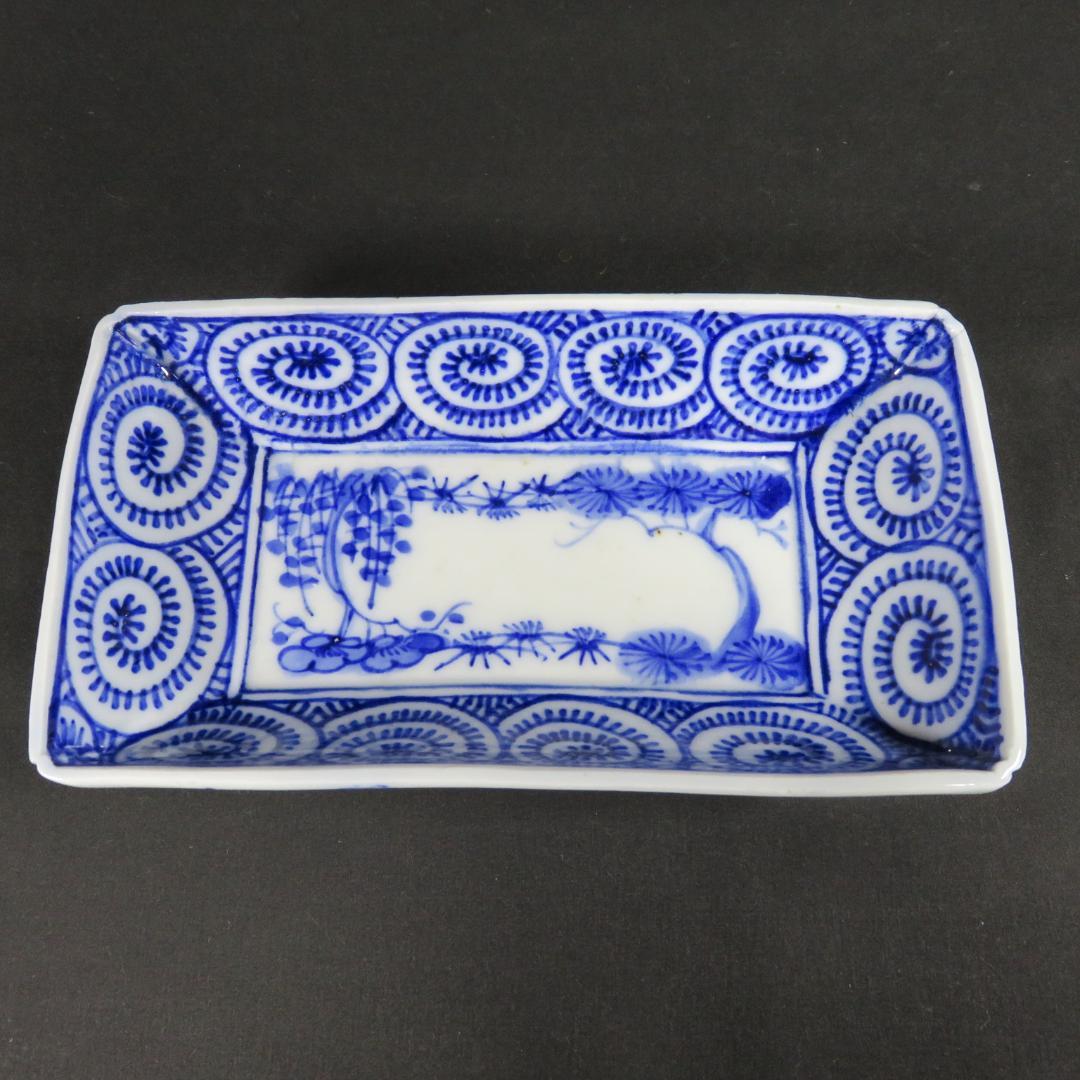 角皿 5枚 染付 古伊万里 江戸 明治 唐草 松竹梅 窯傷 歪み