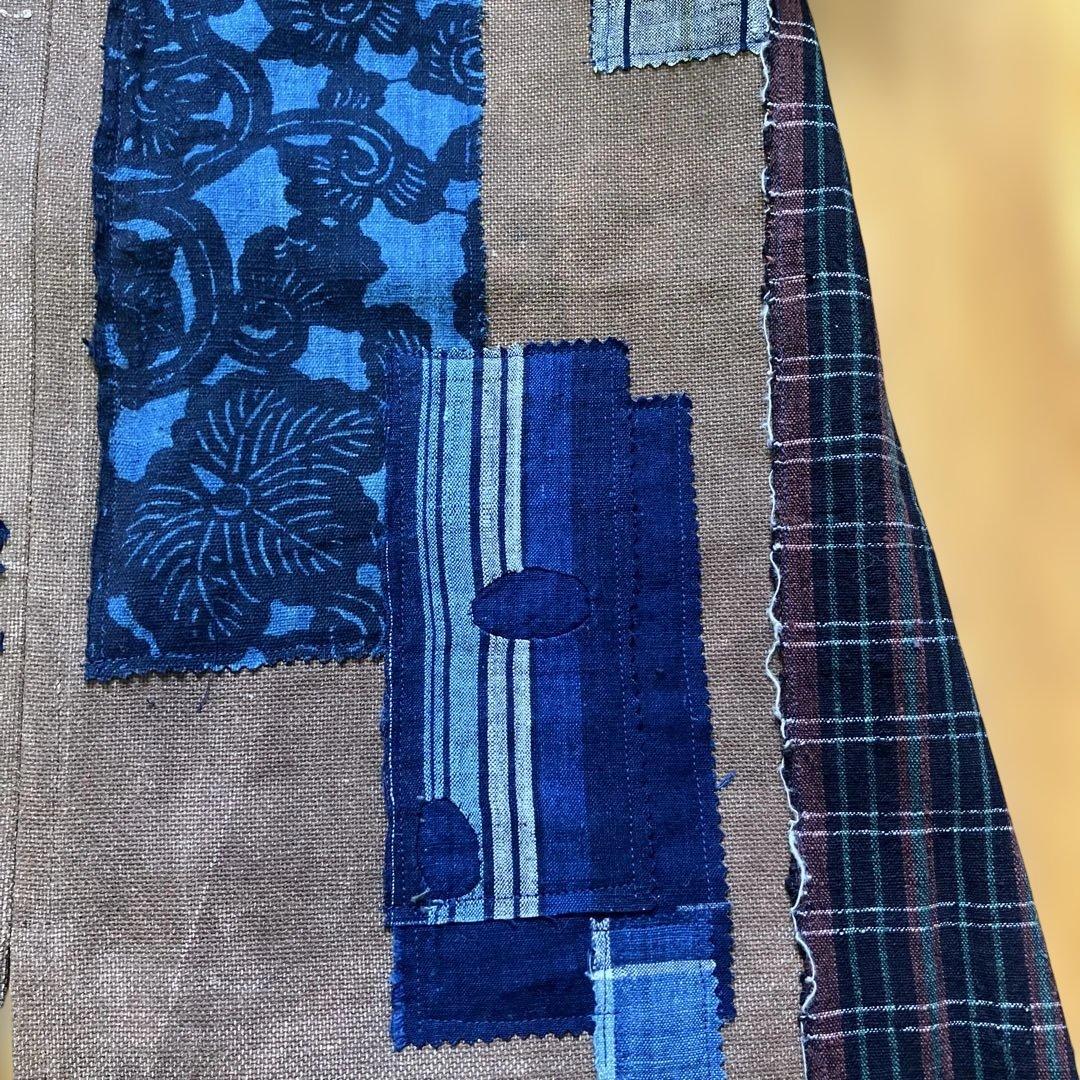 柿渋染め酒袋古布型染め雪ん子格子、縞木綿庄内刺し子ポケットリメイク前掛け男女兼用