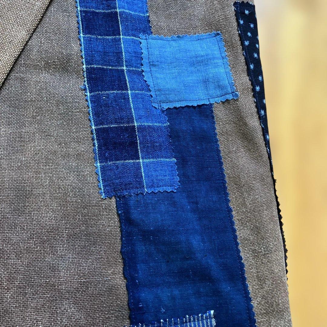 柿渋染め酒袋古布型染め雪ん子格子、縞木綿庄内刺し子ポケットリメイク前掛け男女兼用