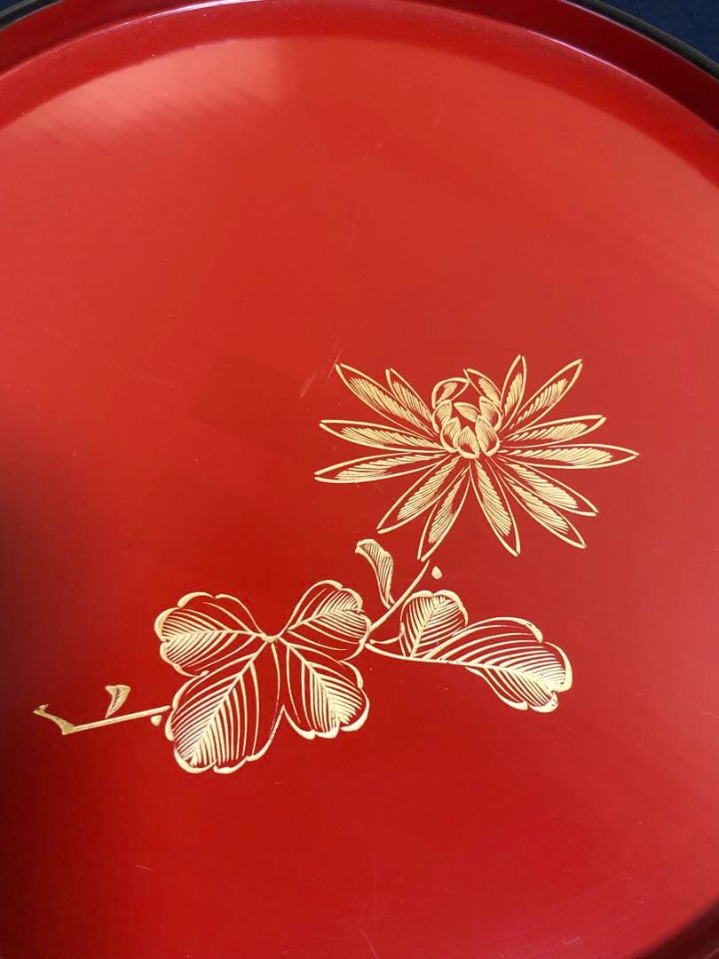 《レ》黒内朱 沈金菊図 丸盆10客 木製漆器 251125え6