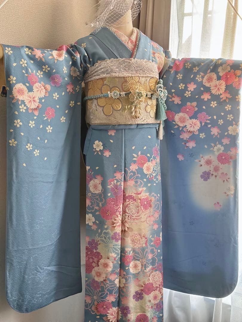 水色 花柄 振袖 フルセット