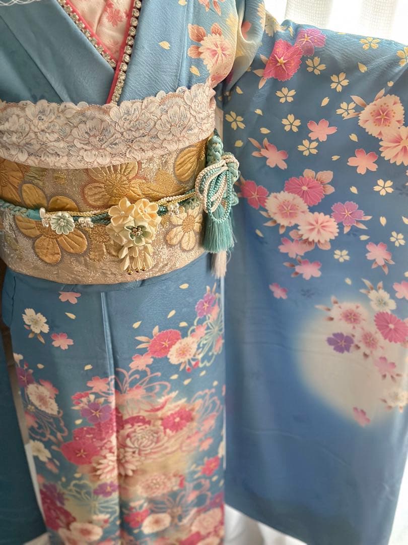 水色 花柄 振袖 フルセット