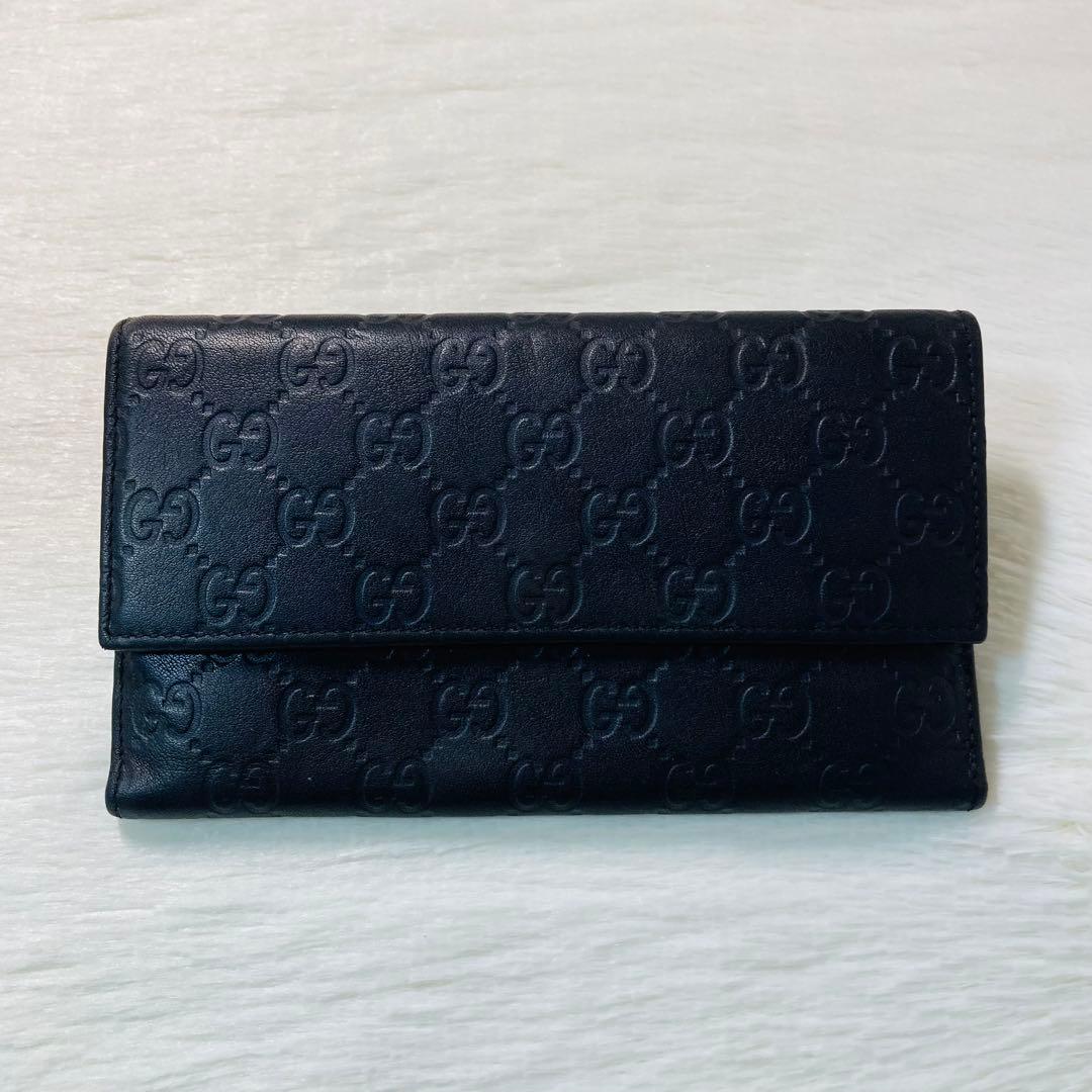 早い者勝ち　美品　GUCCI グッチ　三つ折り　財布　シマ　レザー　エンボス　茶