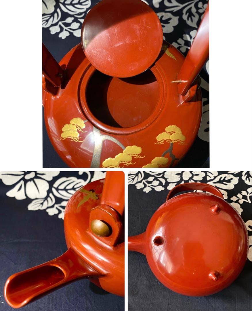 時代物　屠蘇器・重箱セット　木製漆器　朱塗り金蒔絵　鶴に松　縁起柄　長寿　木箱入