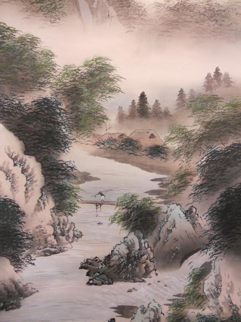 掛け軸 暁香 彩色山水之図 絹本 希少 軸装 茶道具 掛軸 美品 です。