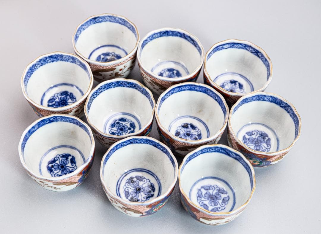 【正月祝】有田焼　喫茶　10人前　染付　金彩　底部に在銘　合箱