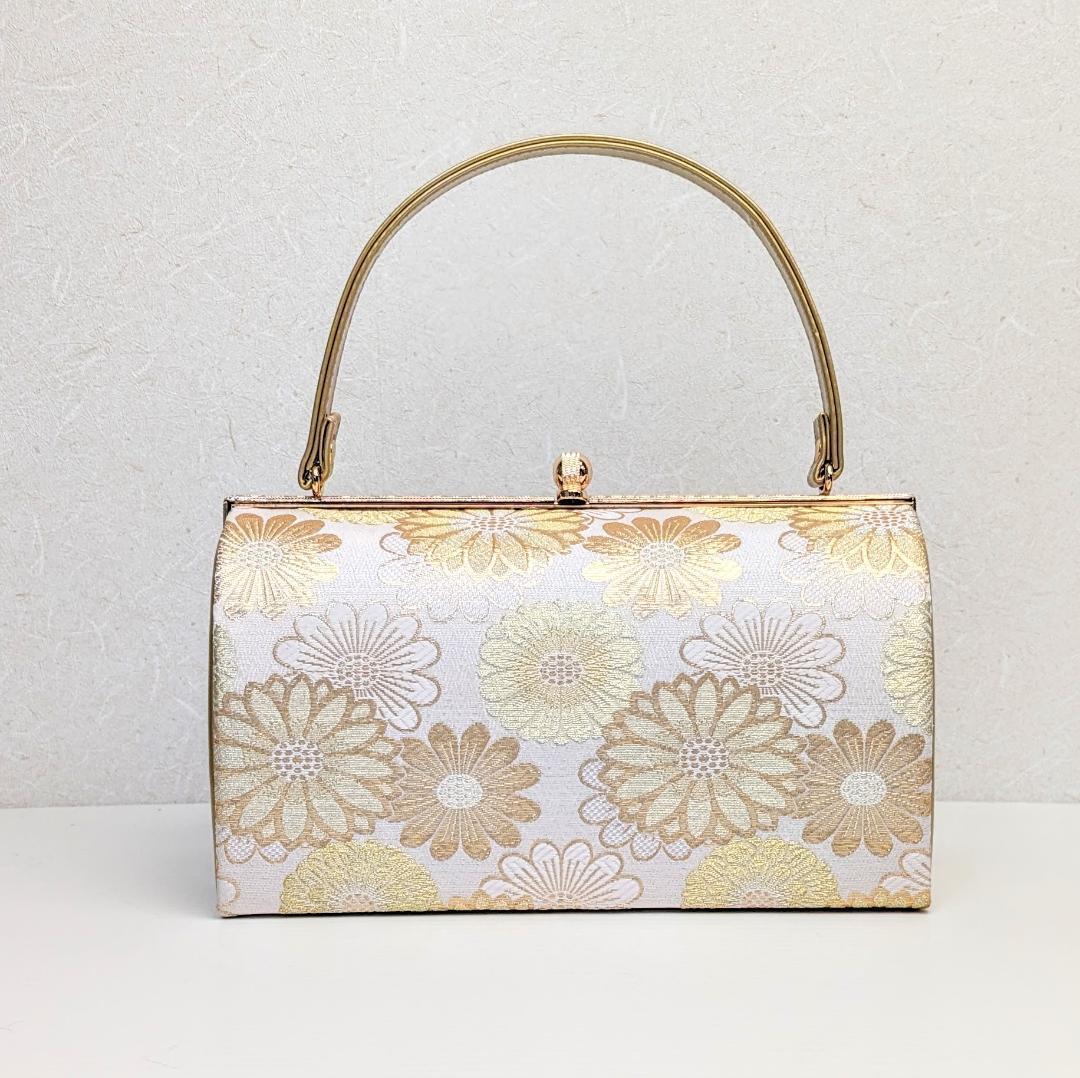 和装 草履バッグセット 白 金 ゴールド 帯地 菊花 古典 フリーサイズ u87