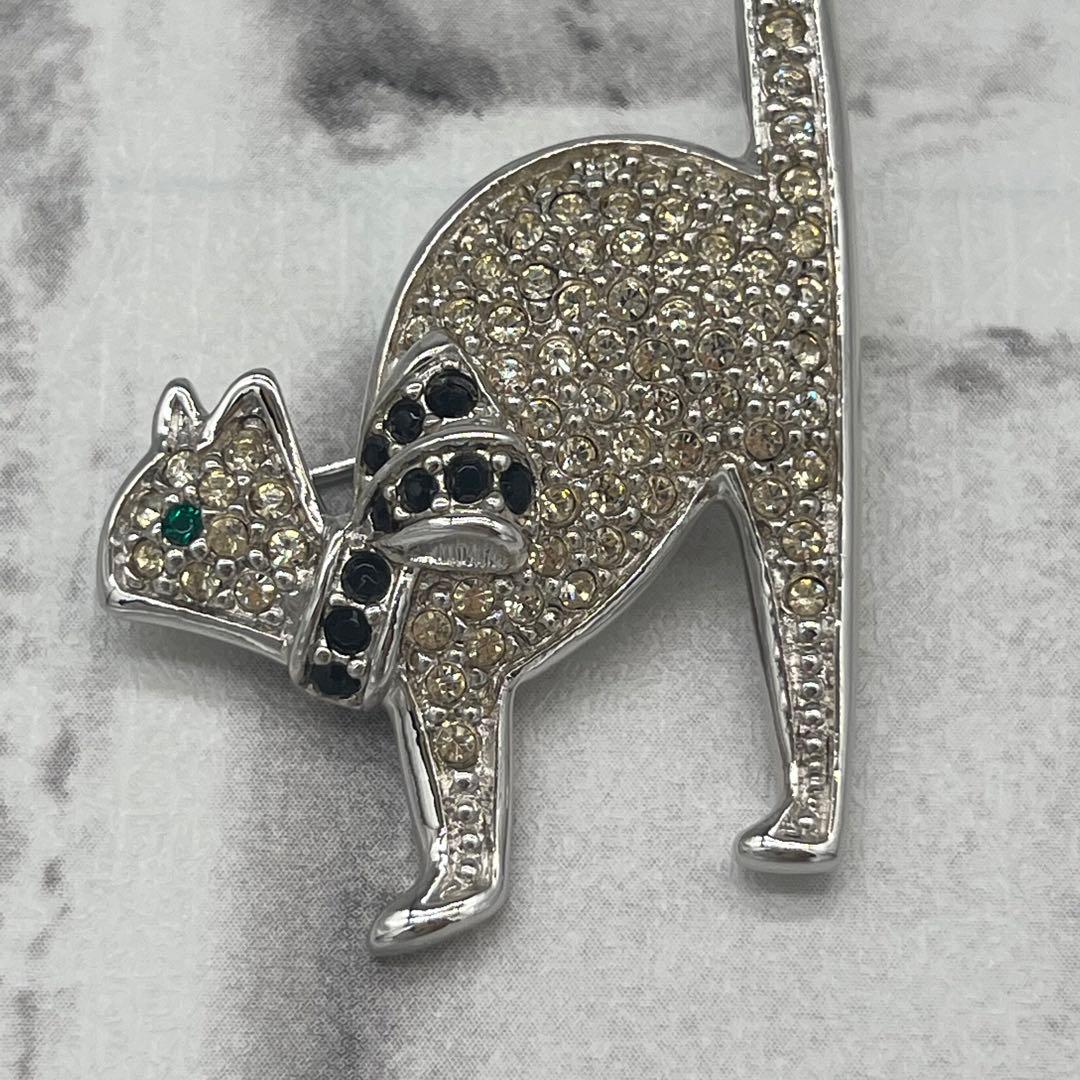 【極美品】ディオール キャットモチーフ シルバー　ラインストーン ブローチ