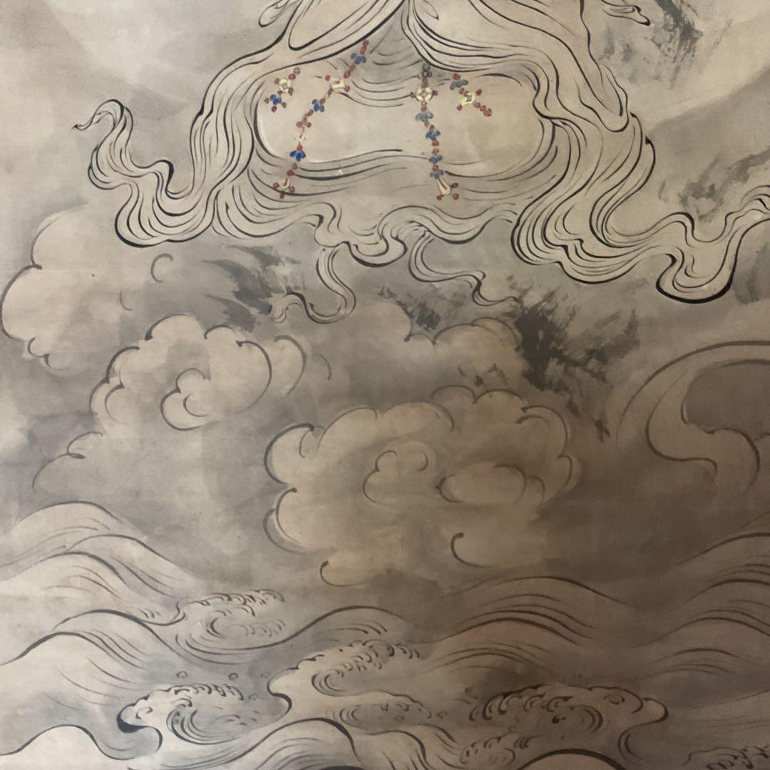 宏斎画肉筆画 紙本掛軸 【 雲上観音図 】 軸先仏具軸 良品桐箱付