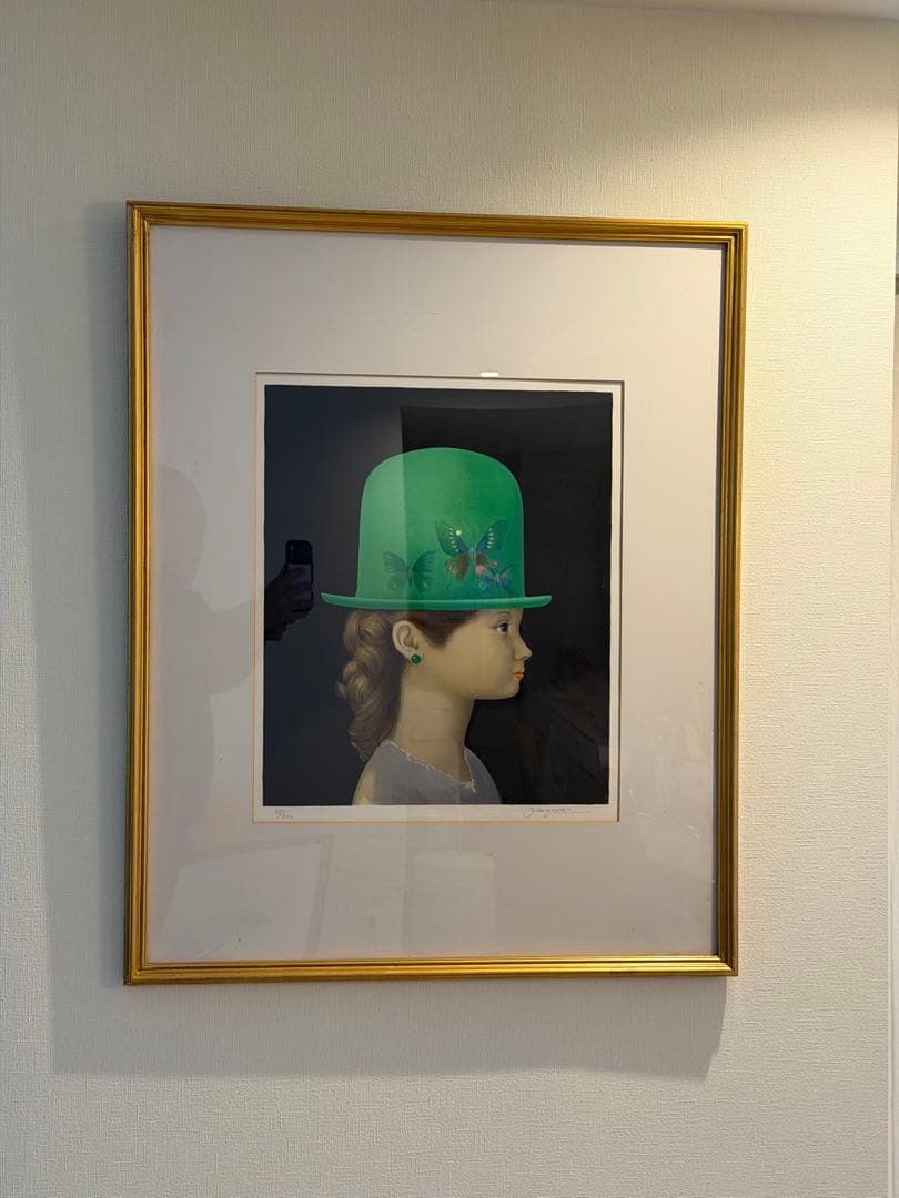 サイン入り 限定版画 少女と蝶 図 48×40cm 現代アート 額装