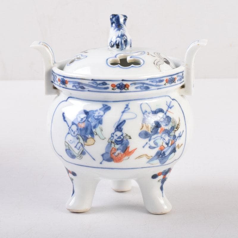 陶芸家　森野嘉光作　染錦　七福神図　双耳香炉　共箱　V　8506