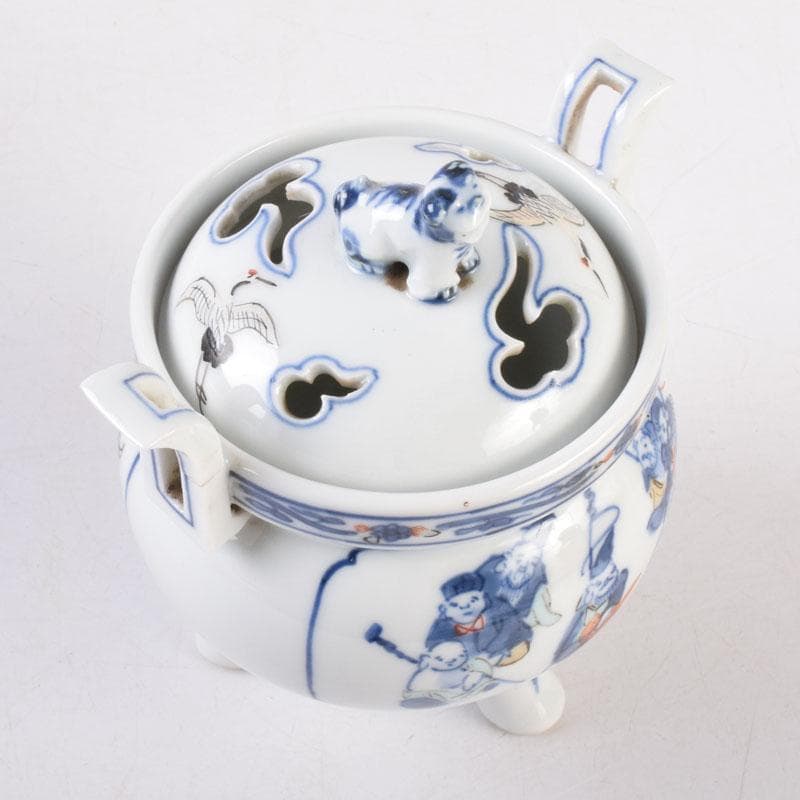 陶芸家　森野嘉光作　染錦　七福神図　双耳香炉　共箱　V　8506