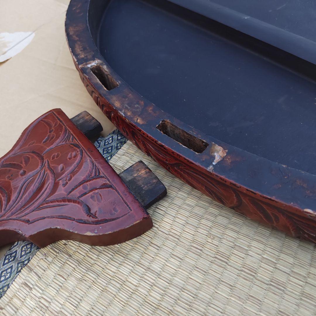 昭和レトロ 大正ロマン 朱色 花柄彫 木製座卓 ちゃぶ台 当時物