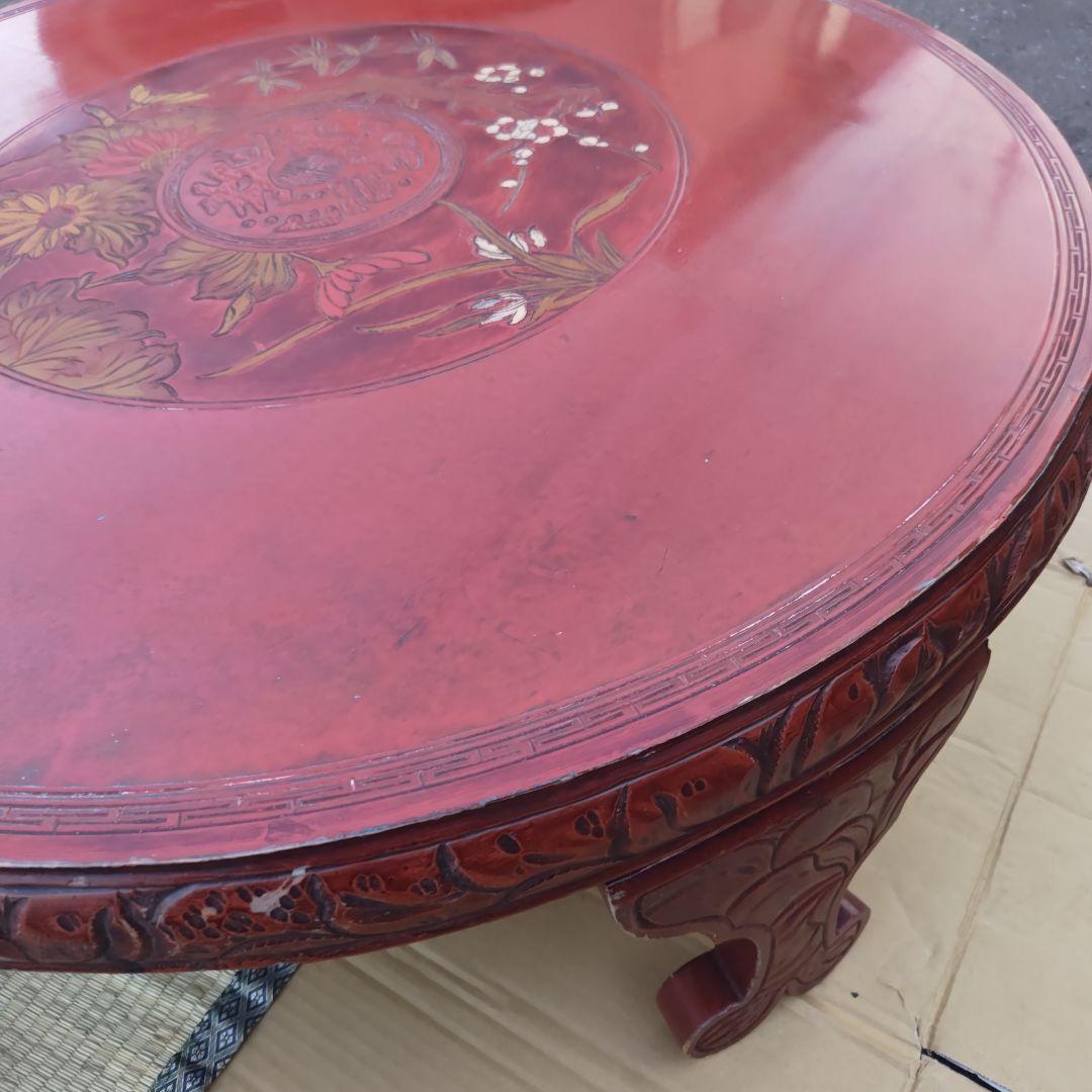 昭和レトロ 大正ロマン 朱色 花柄彫 木製座卓 ちゃぶ台 当時物