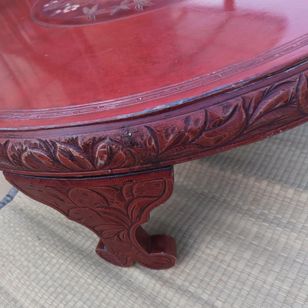 昭和レトロ 大正ロマン 朱色 花柄彫 木製座卓 ちゃぶ台 当時物