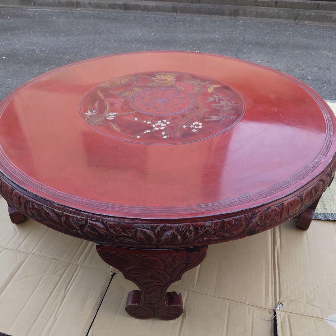 昭和レトロ 大正ロマン 朱色 花柄彫 木製座卓 ちゃぶ台 当時物