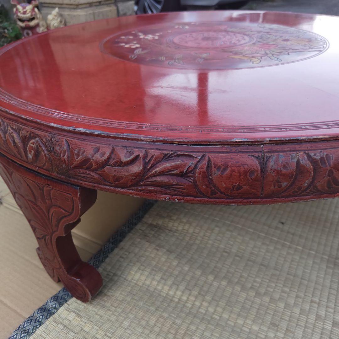昭和レトロ 大正ロマン 朱色 花柄彫 木製座卓 ちゃぶ台 当時物