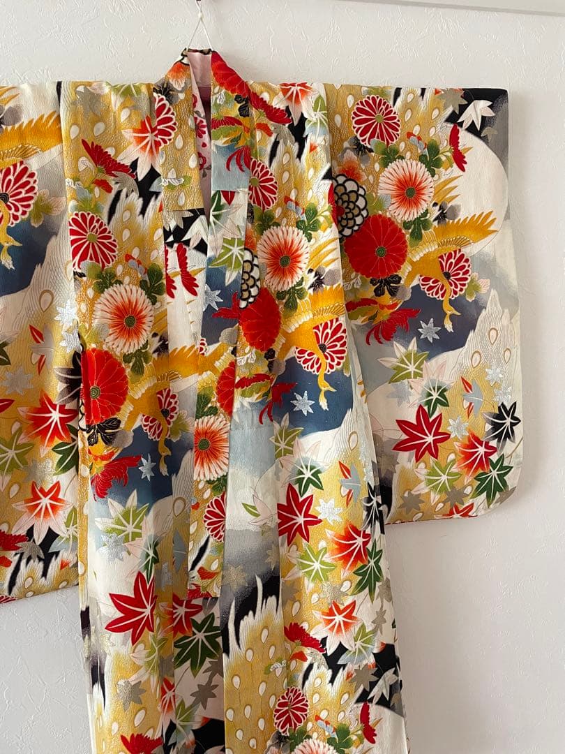 七五三 アンティークお着物セット 5.6歳さん向き　花柄・黒ブーツ　髪飾り付