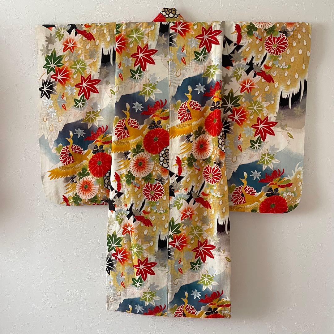 七五三 アンティークお着物セット 5.6歳さん向き　花柄・黒ブーツ　髪飾り付