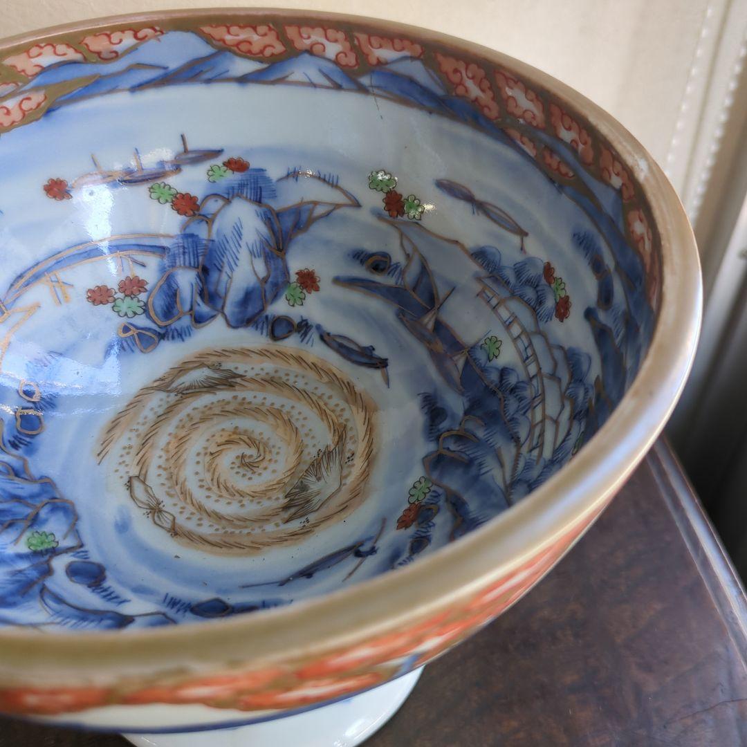 骨董 盃洗 伊万里 染め付け 器 たかつき 山水 龍の図 アンティーク 陶器
