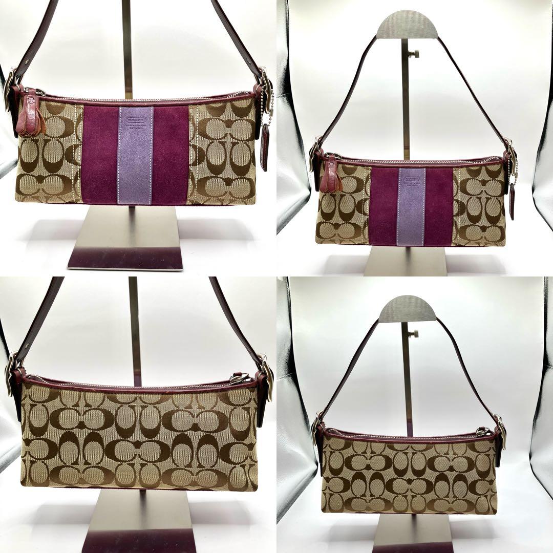 【美品】COACH コーチ ハンドバッグ アクセサリーポーチ シグネチャー　紫