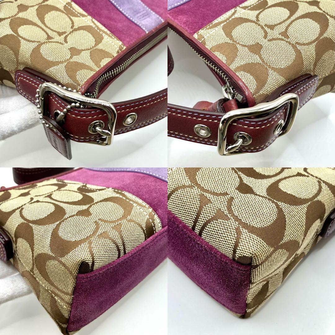 【美品】COACH コーチ ハンドバッグ アクセサリーポーチ シグネチャー　紫