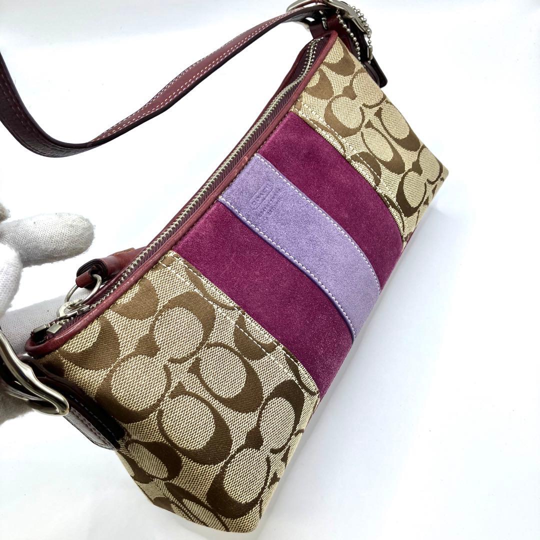 【美品】COACH コーチ ハンドバッグ アクセサリーポーチ シグネチャー　紫